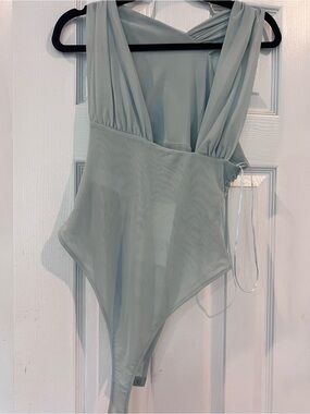 Zara Mint Green Sheer Plunge Bodysuit